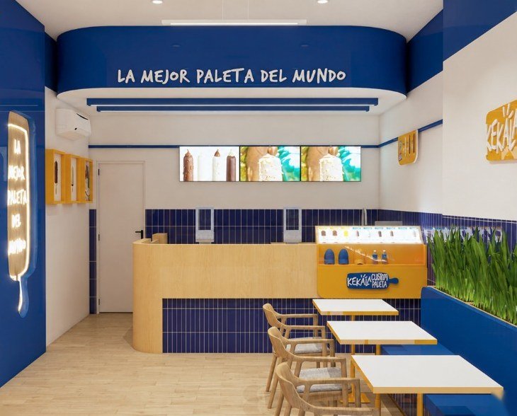 Render de una Tienda Kekala: barra de madera, vitrina de paletas, mesas y el letrero «La mejor paleta del mundo».